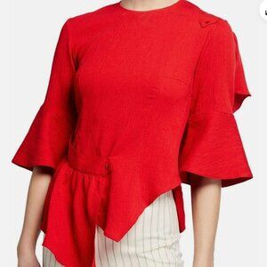 Palmer//Harding Red 3/4 Flutter Sleeve Asymmetric Top Size 12 Crinkle Texture
